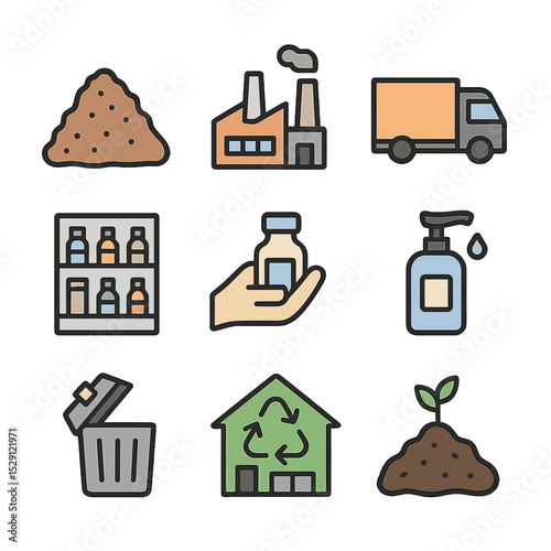 Packaging Lifecycle Icons. Flat icon set of packaging lifecycle stages: raw material pile, manufacturing plant, distribution truck
