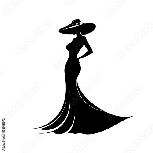 Elegant fashion silhouette of stylish woman, Chic black silhouette illustration of a fashionable woman in a flowing dress and wide-brim hat, exuding grace and glamour.

