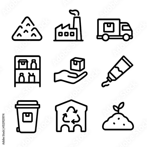 Packaging Lifecycle Icons. Outline icon set of packaging lifecycle stages: raw material pile, manufacturing plant, distribution