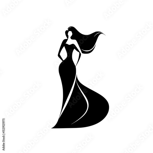 Elegant fashion silhouette of stylish woman, Chic black silhouette illustration of a fashionable woman in a flowing dress and wide-brim hat, exuding grace and glamour.

