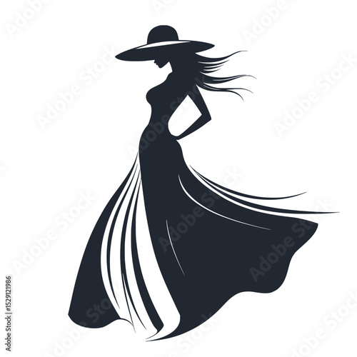 Elegant fashion silhouette of stylish woman, Chic black silhouette illustration of a fashionable woman in a flowing dress and wide-brim hat, exuding grace and glamour.

