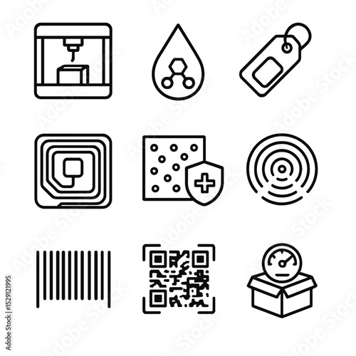 Packaging Innovation Icons. Outline icon set of packaging innovation technologies: 3D printer, nanocoating drop, smart label, RFID