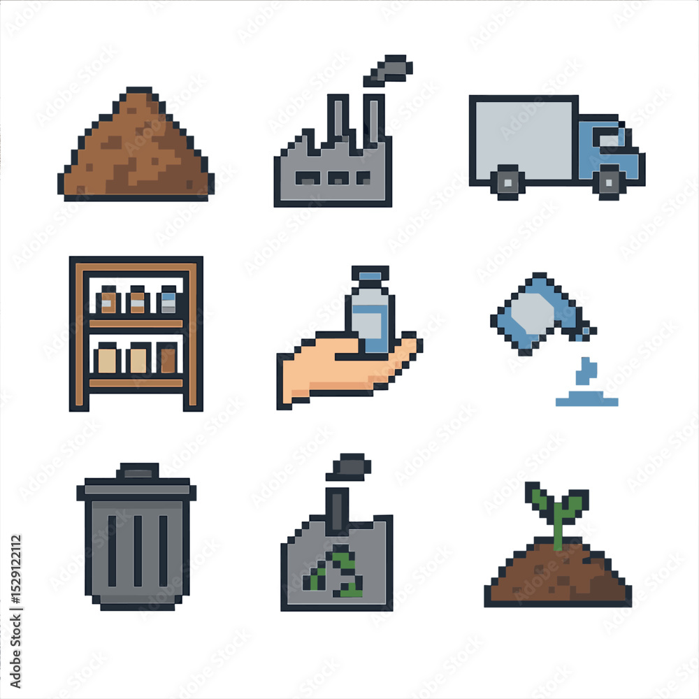 Obraz premium Packaging Lifecycle Icons. Pixel art icon set of packaging lifecycle stages: raw material pile, manufacturing plant, distribution