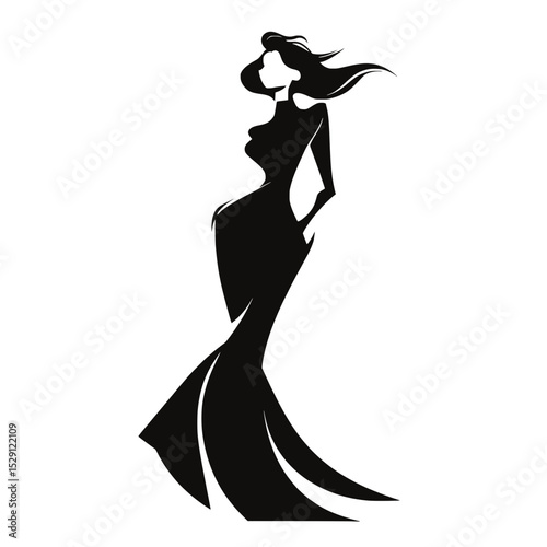 Elegant fashion silhouette of stylish woman, Chic black silhouette illustration of a fashionable woman in a flowing dress and wide-brim hat, exuding grace and glamour.

