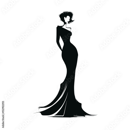 Elegant fashion silhouette of stylish woman, Chic black silhouette illustration of a fashionable woman in a flowing dress and wide-brim hat, exuding grace and glamour.

