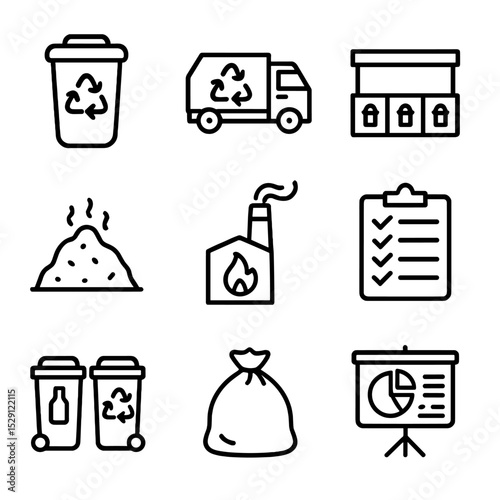 Packaging Waste Icons. Outline icon set of packaging waste management: waste bin, recycling truck, sorting station, landfill mound