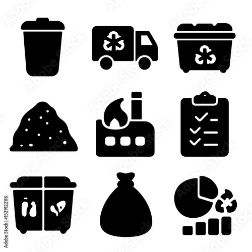 Packaging Waste Management Icons. Solid, Filled icon set of packaging waste management: waste bin, recycling truck, sorting