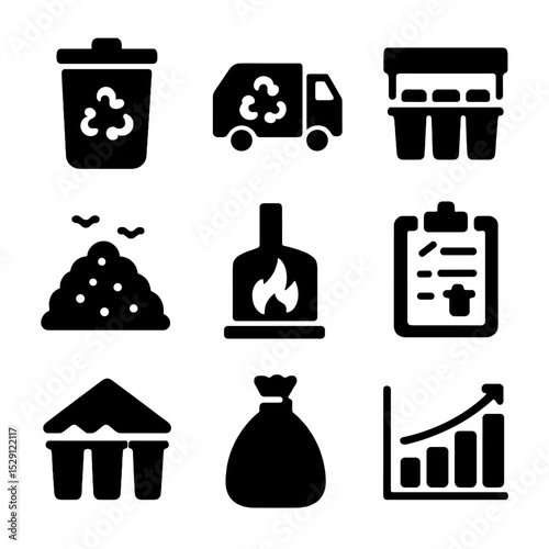 Packaging Waste Management Icons. Solid, Filled icon set of packaging waste management: waste bin, recycling truck, sorting