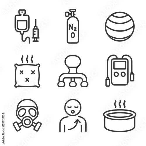 Pain Relief Icons. Outline icon set of pain relief methods: epidural kit, nitrous oxide canister, birthing ball, heat pack,