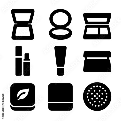 Packaging Icon Set. Solid, Filled icon set of packaging designs: square compact, round compact, rectangular case, slim stick, mini