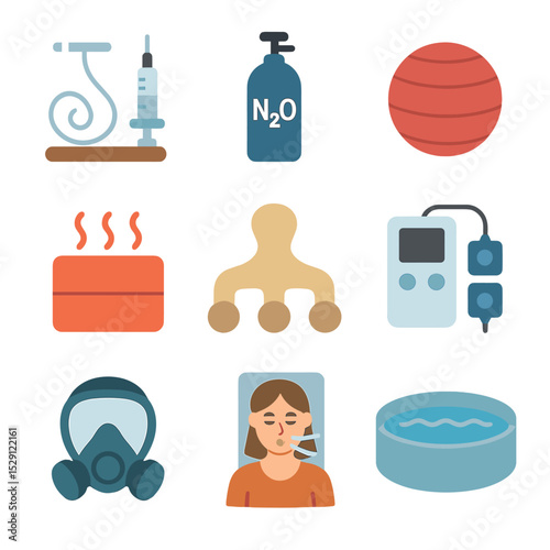 Pain Relief Icons. Flat icon set of pain relief methods: epidural kit, nitrous oxide canister, birthing ball, heat pack, massage