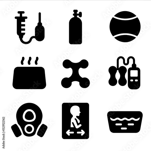 Pain Relief Icon Set. Solid, Filled icon set of pain relief methods: epidural kit, nitrous oxide canister, birthing ball, heat