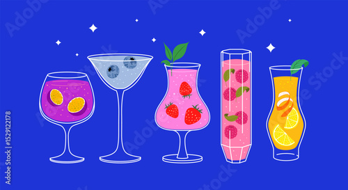 Set of summer fruit cocktails. Alcoholic and non-alcoholic drinks with raspberries, oranges, strawberries, passion fruit, blueberries. Cocktails for menu, bar. Glasses with cocktails
