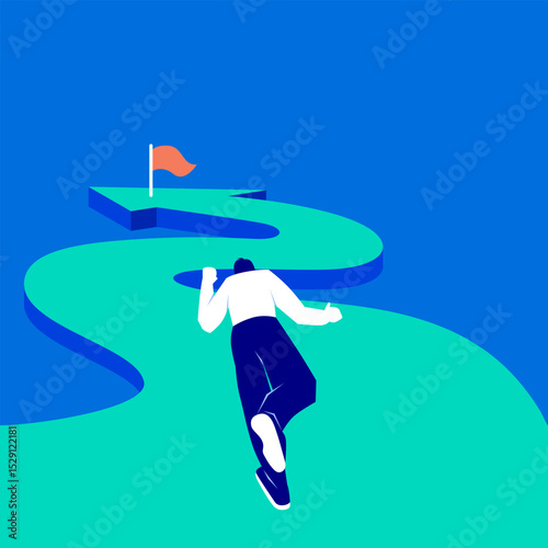 Rocky road to success. Businessman runs along a winding road towards his goal. Difficult business challenge. Effort to success. Risky startup. Arrow road. Development concept
