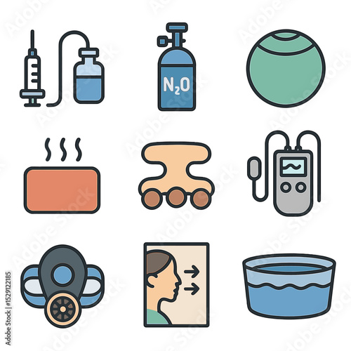 Pain Relief Icons. Flat icon set of pain relief methods: epidural kit, nitrous oxide canister, birthing ball, heat pack, massage