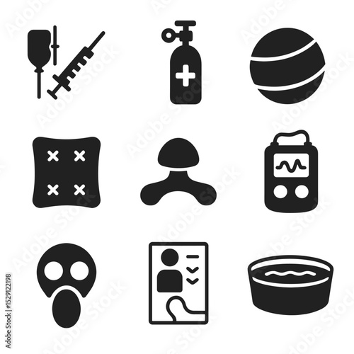 Pain Relief Icon Set. Solid, Filled icon set of pain relief methods: epidural kit, nitrous oxide canister, birthing ball, heat