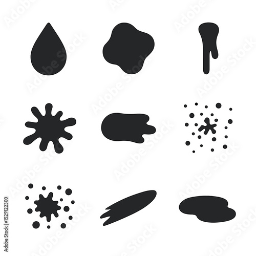 Paint Splatter Icons Grid. Flat icon set of paint splatter shapes: drop, blob, drip, splash, smear, spray, spatter, streak, puddle