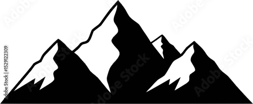 Simple black and white mountain range icon with snow caps silhouette