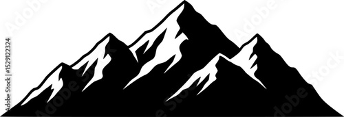 Simple black and white mountain range icon with snow caps silhouette