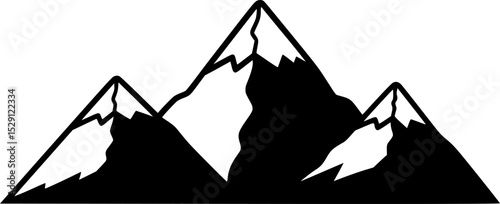 Simple black and white mountain range icon with snow caps silhouette