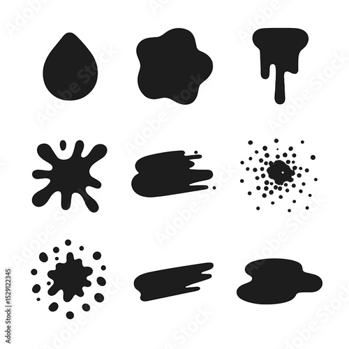 Paint Splatter Icons Grid. Flat icon set of paint splatter shapes: drop, blob, drip, splash, smear, spray, spatter, streak, puddle
