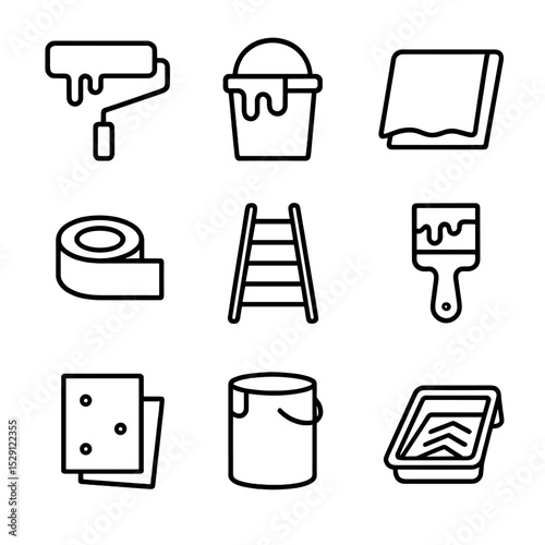 Painting Tools Icons. Outline icon set of painting and renovation: paint roller, paint bucket, drop cloth, painter’s tape, ladder,