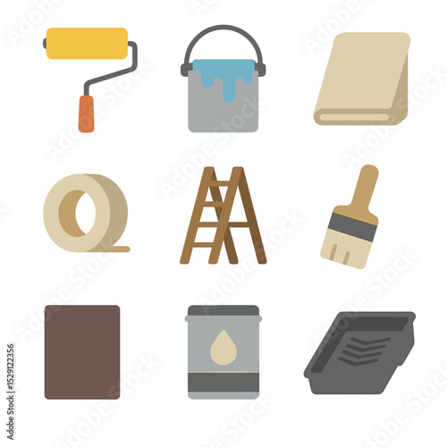 Painting Tools Icons. Flat icon set of painting and renovation: paint roller, paint bucket, drop cloth, painter’s tape, ladder,