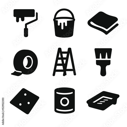 Painting Tools Icons. Solid, Filled icon set of painting and renovation: paint roller, paint bucket, drop cloth, painter’s tape,