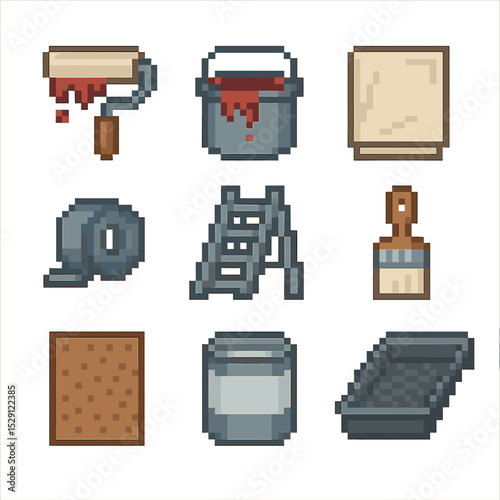 Painting Tools Icons. Pixel art icon set of painting and renovation: paint roller, paint bucket, drop cloth, painter’s tape,