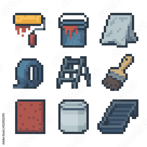 Painting Tools Icons. Pixel art icon set of painting and renovation: paint roller, paint bucket, drop cloth, painter’s tape,