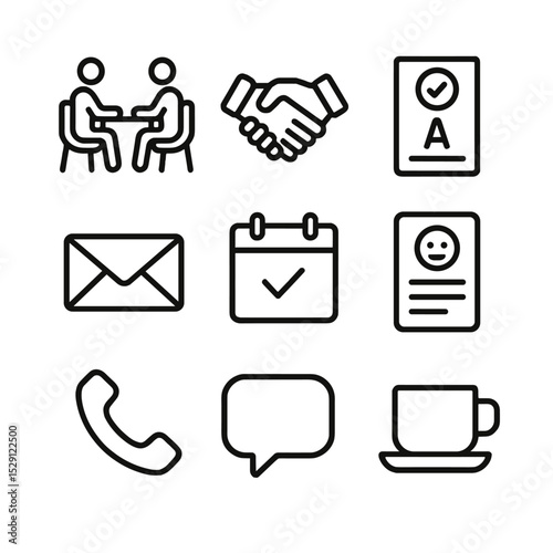 Parent-Teacher Icon Set. Outline icon set of parent–teacher interactions: meeting table, handshake, report card, email icon,