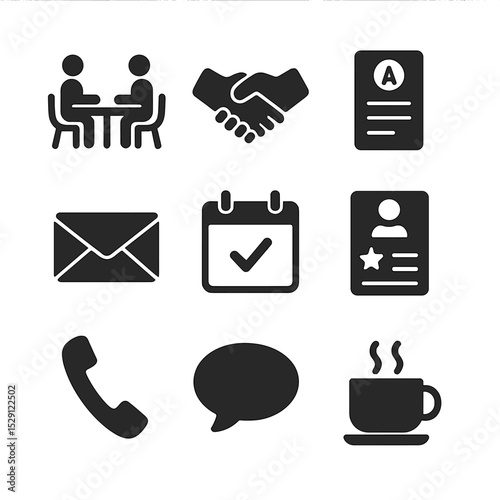 Parent-Teacher Icon Set. Flat icon set of parent–teacher interactions: meeting table, handshake, report card, email icon, calendar