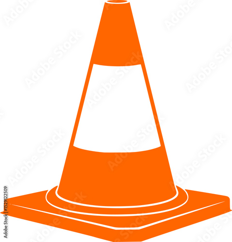 Silhouette of orange traffic cone with base and white stripe around center
