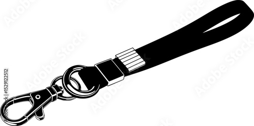 Black and white illustration of a lanyard with a lobster claw clasp
