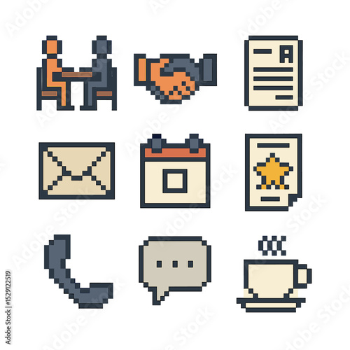 Parent-Teacher Icon Set. Pixel art icon set of parent–teacher interactions: meeting table, handshake, report card, email icon,