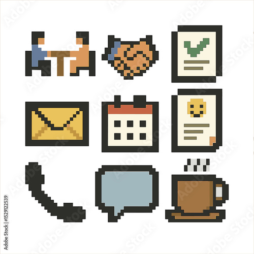 Parent-Teacher Icon Set. Pixel art icon set of parent–teacher interactions: meeting table, handshake, report card, email icon,