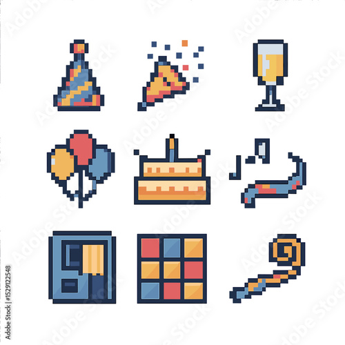 Party Icon Set. Pixel art icon set of celebratory parties: party hat, confetti popper, balloon bouquet, champagne flute, birthday