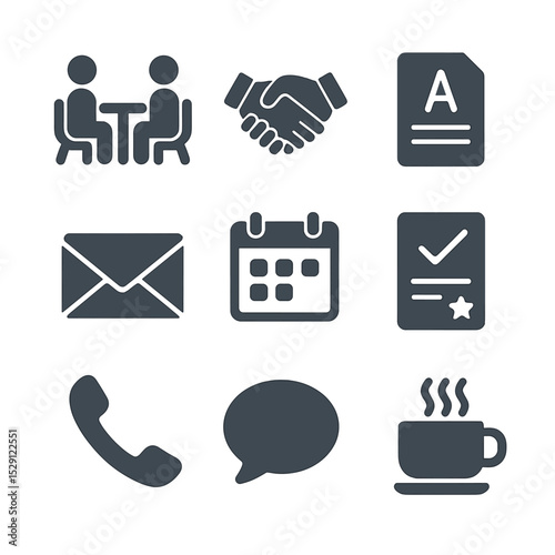 Parent-Teacher Icon Set. Flat icon set of parent–teacher interactions: meeting table, handshake, report card, email icon, calendar