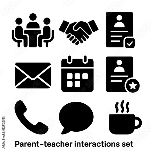 Parent-Teacher Icons Grid. Solid, Filled icon set of parent–teacher interactions: meeting table, handshake, report card, email