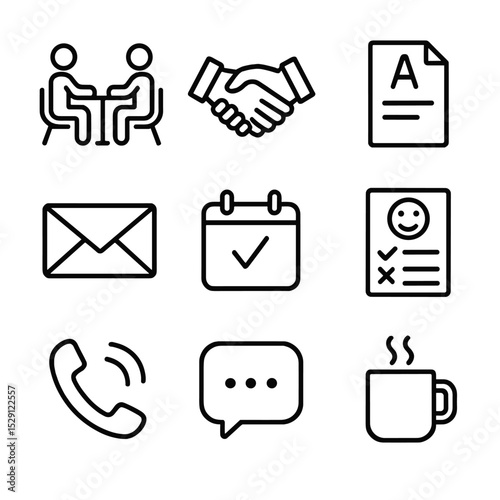 Parent-Teacher Icon Set. Outline icon set of parent–teacher interactions: meeting table, handshake, report card, email icon,
