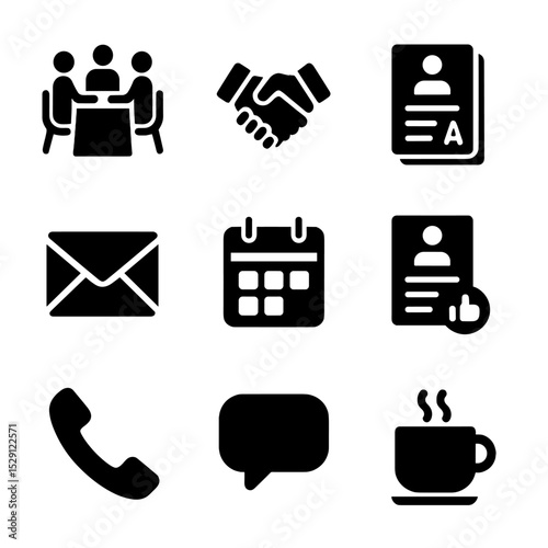 Parent-Teacher Icons Grid. Solid, Filled icon set of parent–teacher interactions: meeting table, handshake, report card, email