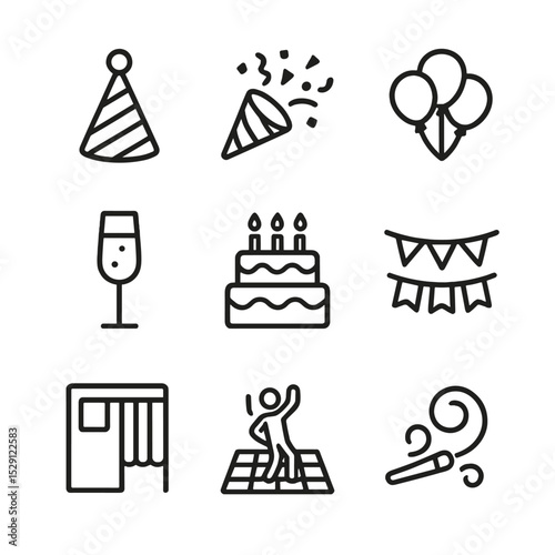 Party Icons Grid. Outline icon set of celebratory parties: party hat, confetti popper, balloon bouquet, champagne flute, birthday