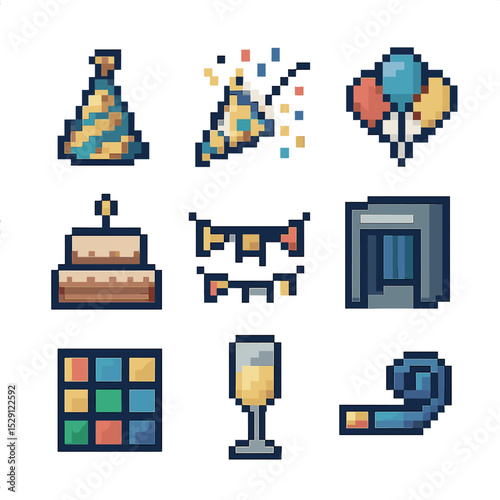 Party Icon Set. Pixel art icon set of celebratory parties: party hat, confetti popper, balloon bouquet, champagne flute, birthday