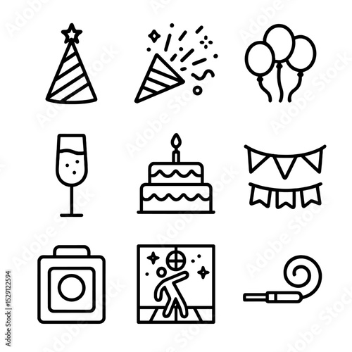 Party Icons Grid. Outline icon set of celebratory parties: party hat, confetti popper, balloon bouquet, champagne flute, birthday