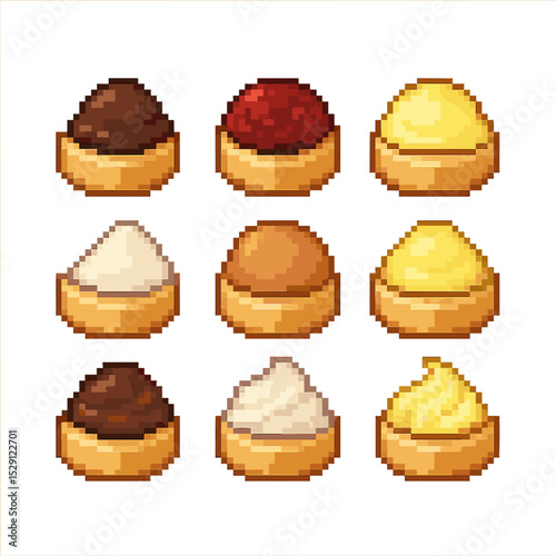 Pastry Filling Icons. Pixel art icon set of pastry fillings: chocolate ganache, fruit jam, custard, cream cheese, almond paste,