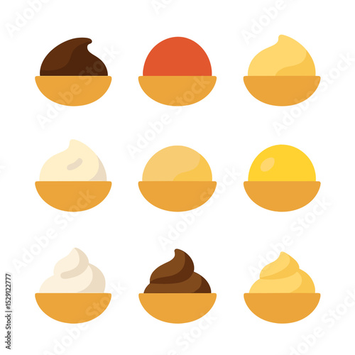 Pastry Fillings Icons. Flat icon set of pastry fillings: chocolate ganache, fruit jam, custard, cream cheese, almond paste, lemon
