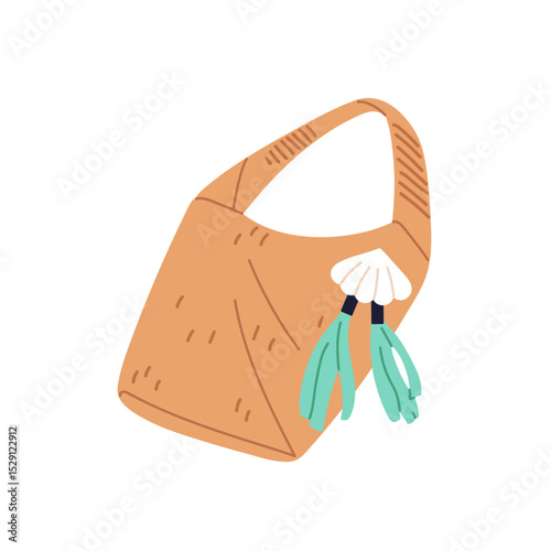 Icon of wicker bag for beach decorated with trinket of seashell. Straw handbag for sea resort, coast. Summer accessory for travel, shopping. Flat isolated vector illustration on white background