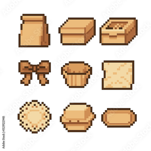 Pastry Packaging Icons. Pixel art icon set of pastry packaging: paper bag, box, window box, ribbon tie, cupcake liner, parchment