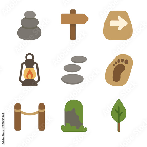 Path Marker Icons. Flat icon set of path markers: stone cairn, wooden signpost, painted arrow, lantern, stepping stones, carved
