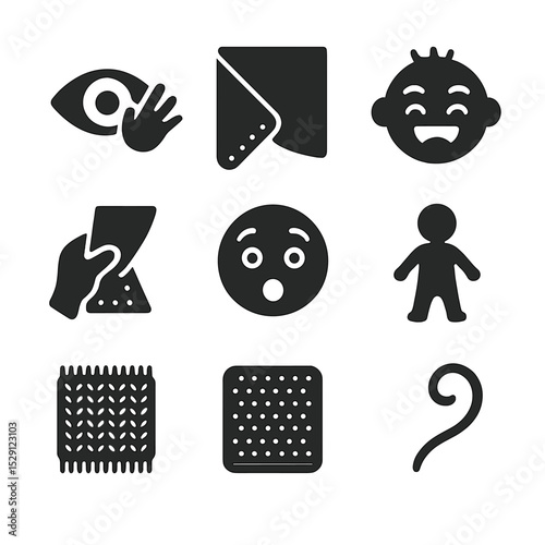 Peek-a-Boo Icons Collection. Flat icon set of peek-a-boo play: peek-eye, blanket corner, giggling face, hand holding fabric,
